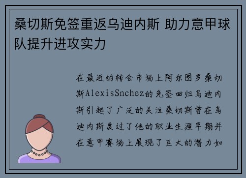 桑切斯免签重返乌迪内斯 助力意甲球队提升进攻实力 桑切斯免签重返乌迪内斯 助力意甲球队提升进攻实力